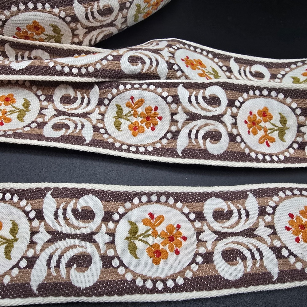 Vintage Brown Orange Floral Woven Jacquard Ribbon Trim 2 Inch Wide